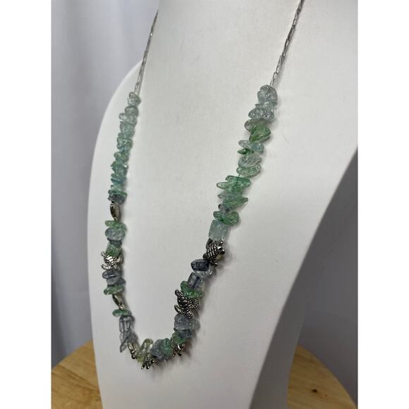 Necklace green teal seaglass look beads beading with silver tone TURTLE jewelry - Picture 11 of 14